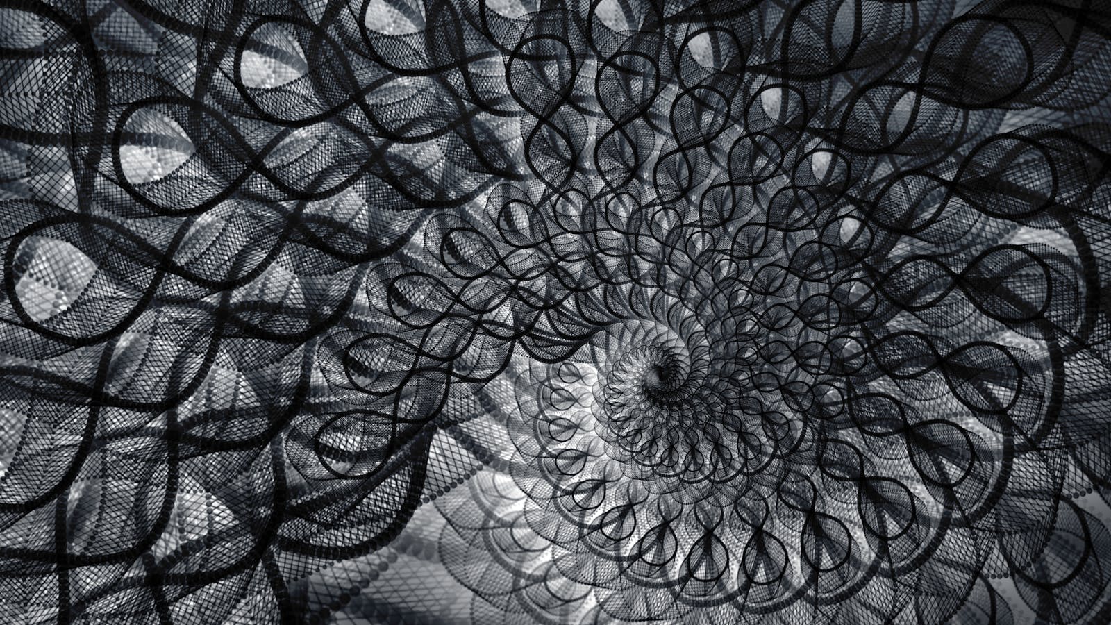 Černobílá spirála s geometrickým opakujícím se vzorem