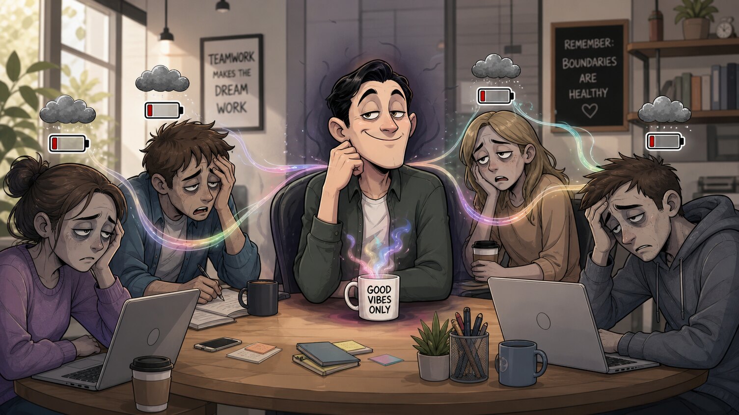 Ilustrace: usměvavý člověk s hrnkem „good vibes only“ saje barevné proudy energie z pěti vyčerpaných, vybitých kolegů kolem stolu