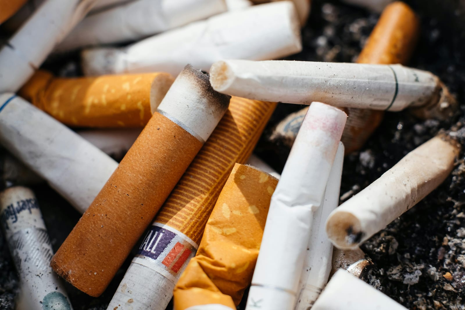 Hromádka vykouřených nedopalků cigaret v popelníku